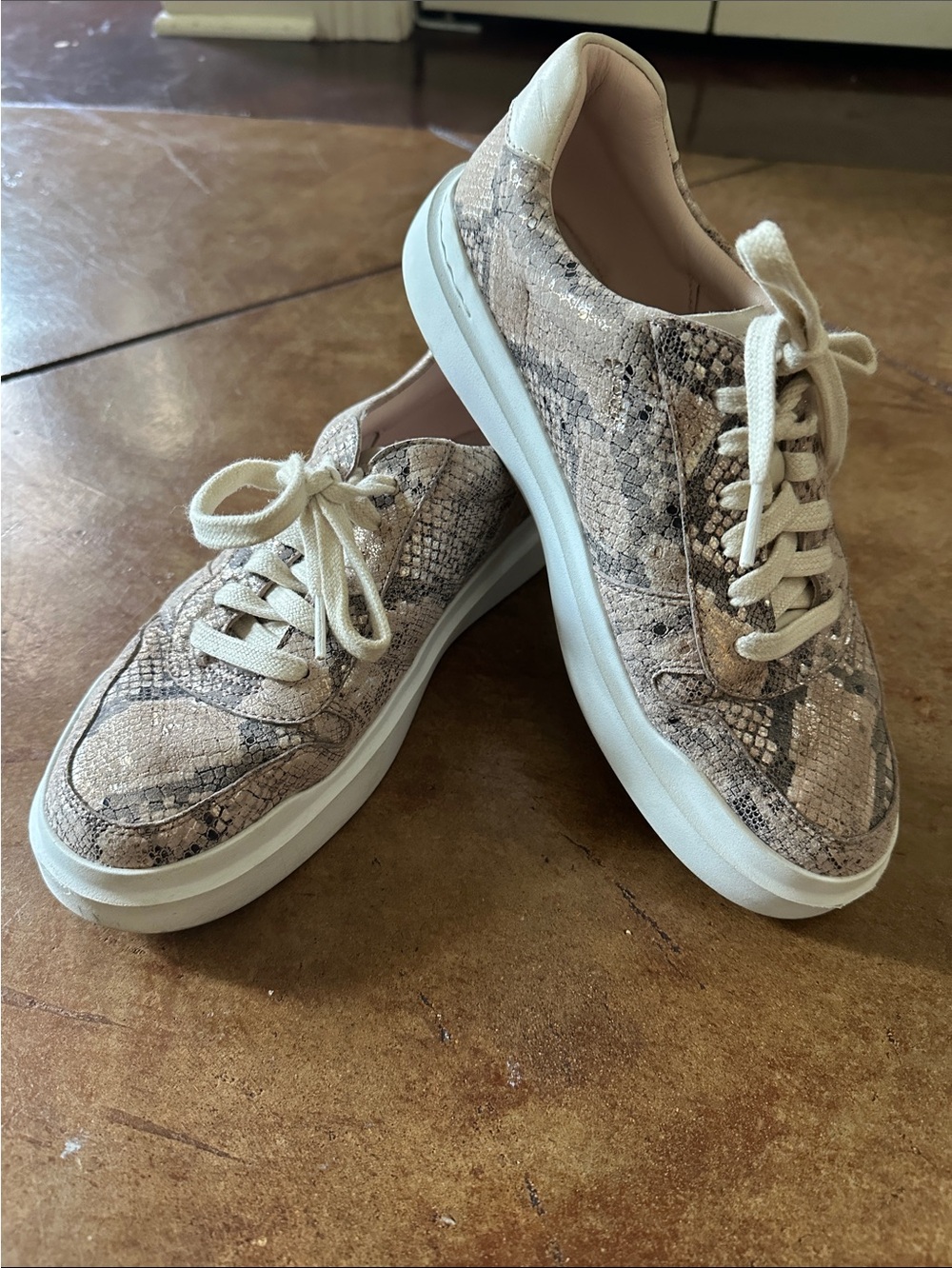 Cole Haan Snake-Print Platform Sneakers in Beige and White
